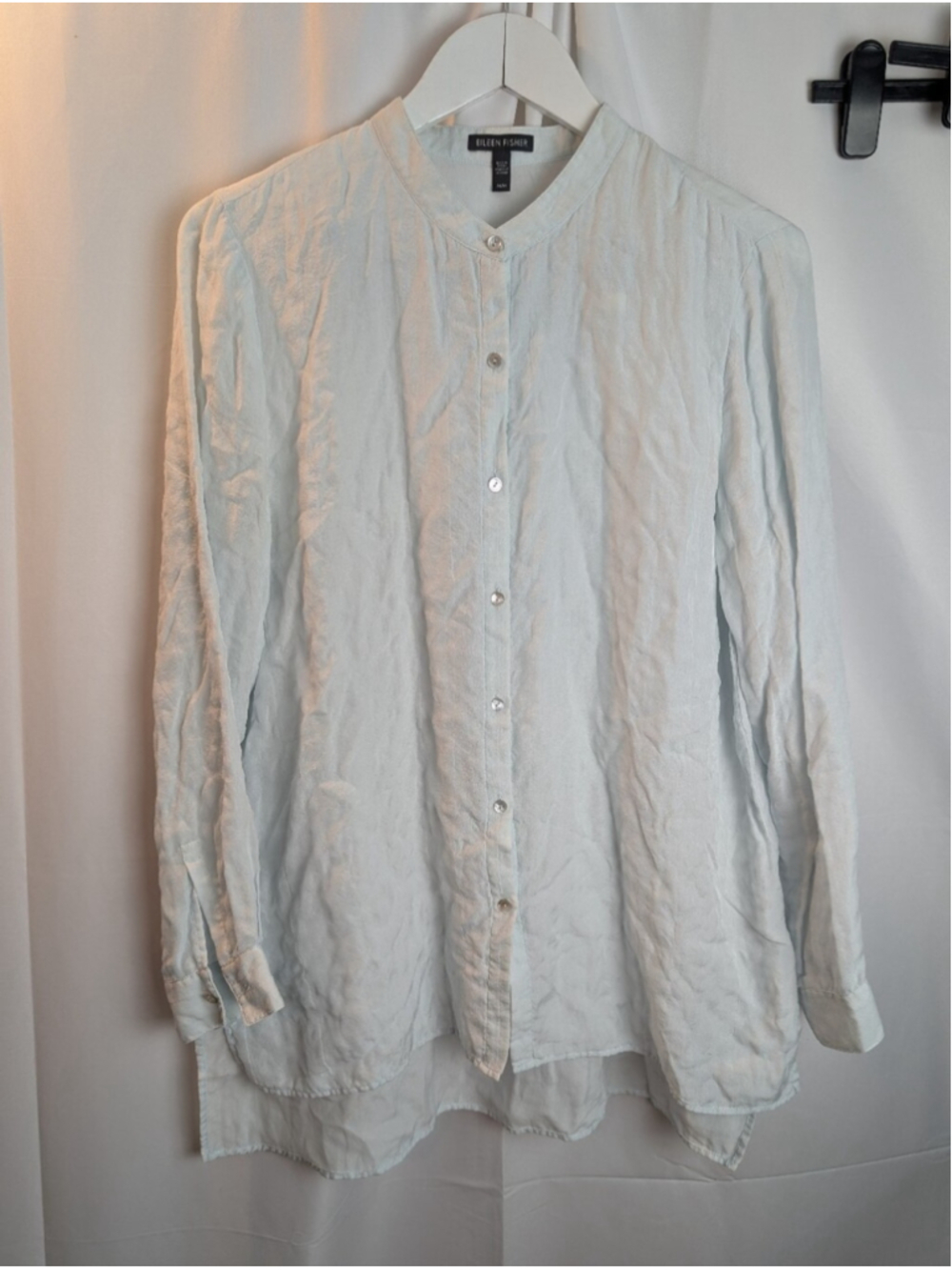 Eileen Fisher Soft Light Blue Button-Front Band-Collar Shirt Size In EUC